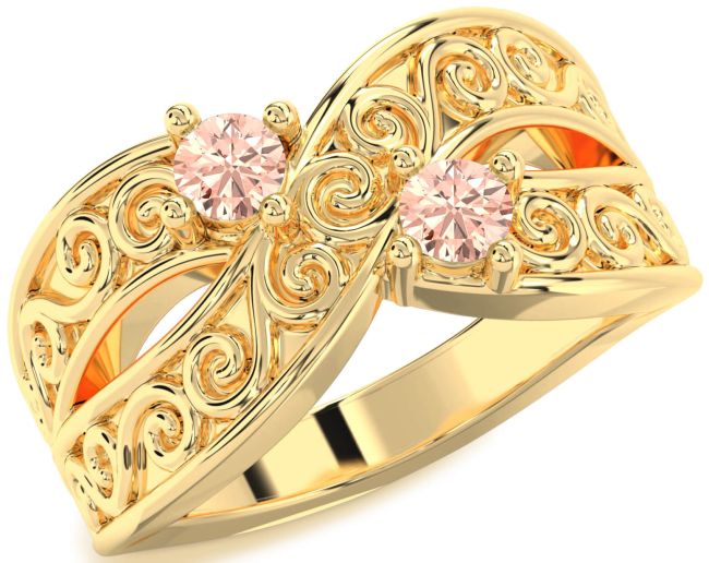 Morganite Gold Silver Infinity Knot Round Two Stone Ring