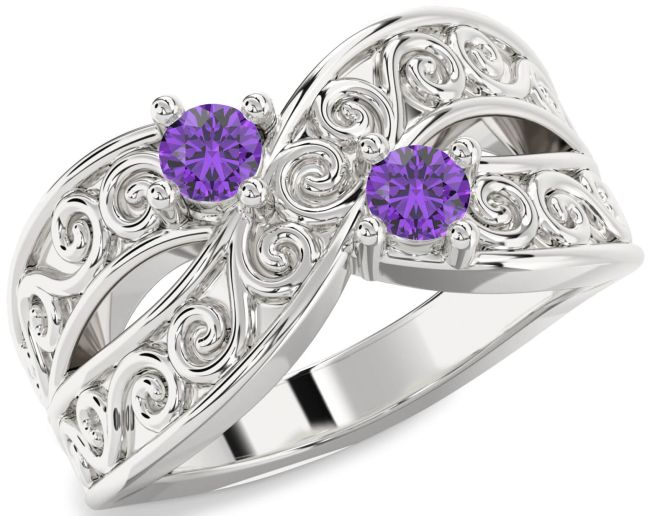 Amethyst Silver Infinity Knot Round Two Stone Birthstone Ring