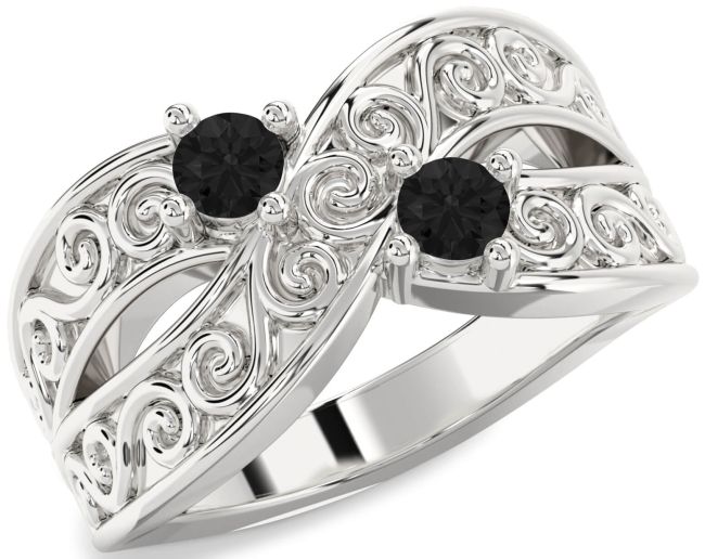 Black Diamond Silver Infinity Knot Round Two Stone Ring