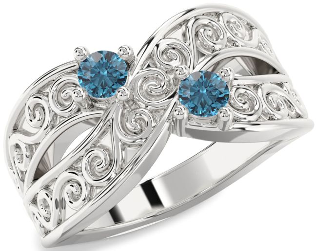Blue Diamond Silver Infinity Knot Round Two Stone Ring
