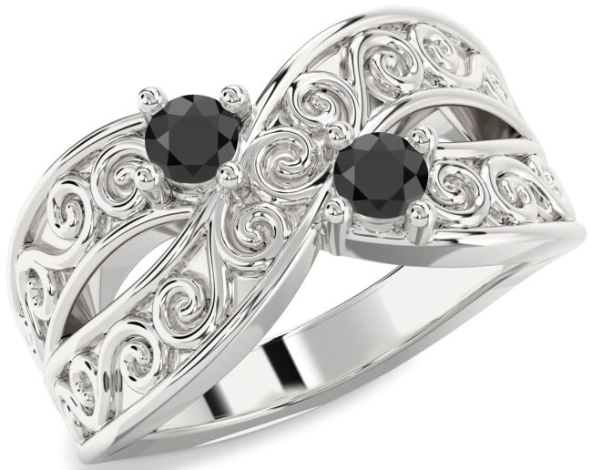 Black Onyx Silver Infinity Knot Round Two Stone Ring