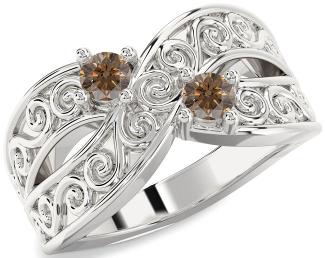 Chocolate Brown Diamond Silver Infinity Knot Round Two Stone Ring