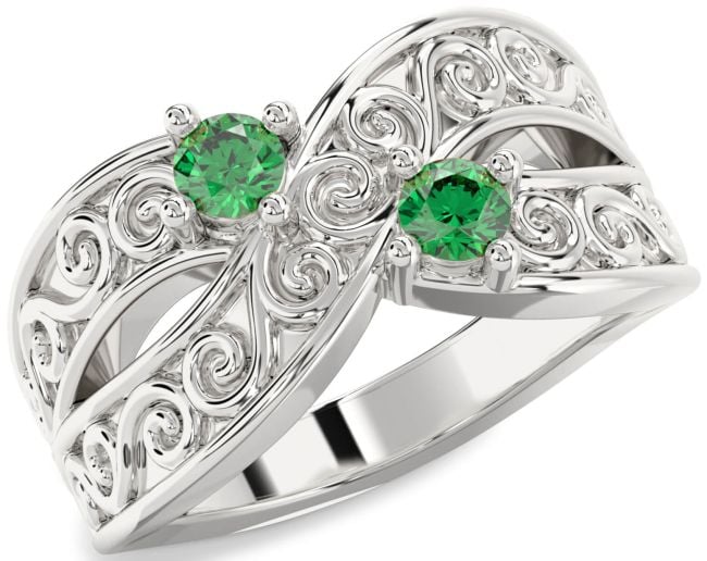 Emerald Silver Infinity Knot Round Two Stone Birthstone Ring