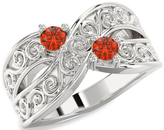 Fire Opal Silver Infinity Knot Round Two Stone Ring