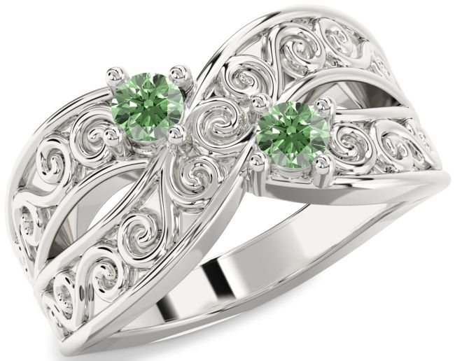 Green Diamond Silver Infinity Knot Round Two Stone Ring