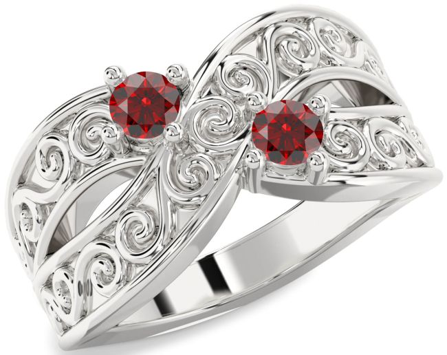 Garnet Silver Infinity Knot Round Two Stone Birthstone Ring