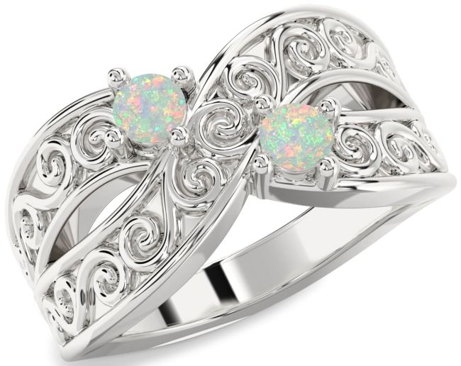 Opal Silver Infinity Knot Round Two Stone Birthstone Ring