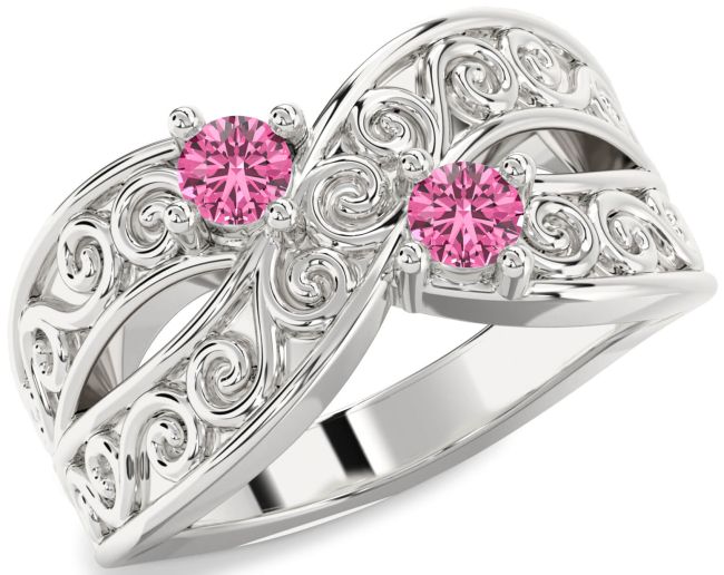 Pink Sapphire Silver Infinity Knot Round Two Stone Ring