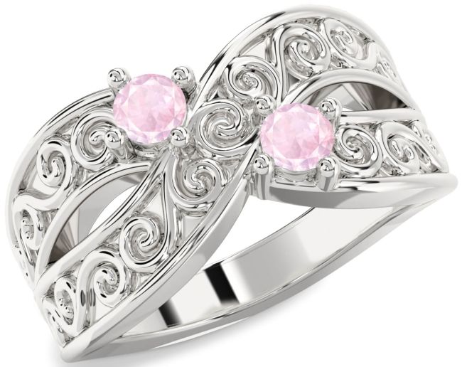 Rose Quartz Silver Infinity Knot Round Two Stone Ring