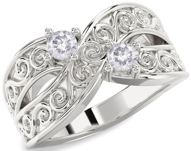 Salt & Pepper Diamond Silver Infinity Knot Round Two Stone Ring