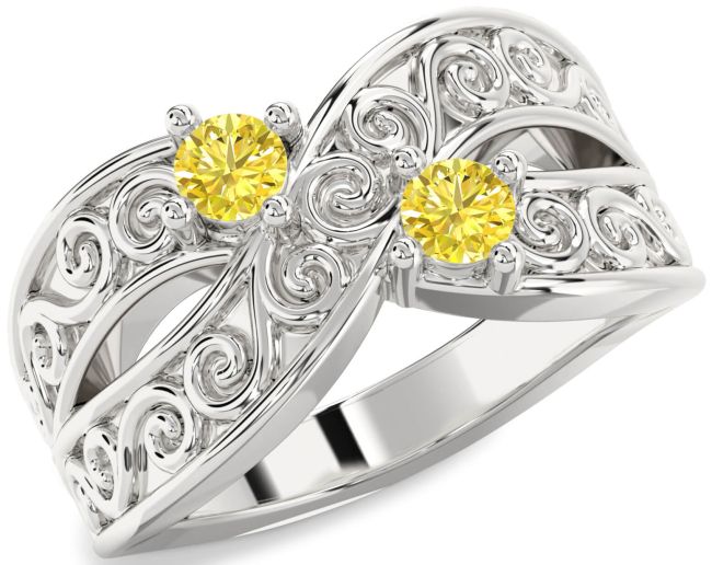 Yellow Diamond Silver Infinity Knot Round Two Stone Ring