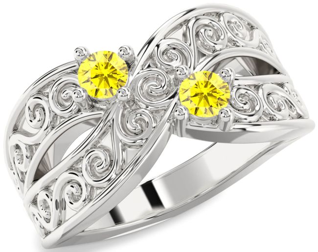 Yellow Sapphire Silver Infinity Knot Round Two Stone Ring