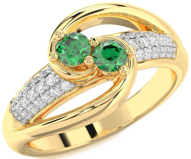 Diamond Emerald Gold Round Two Stone Birthstone Ring