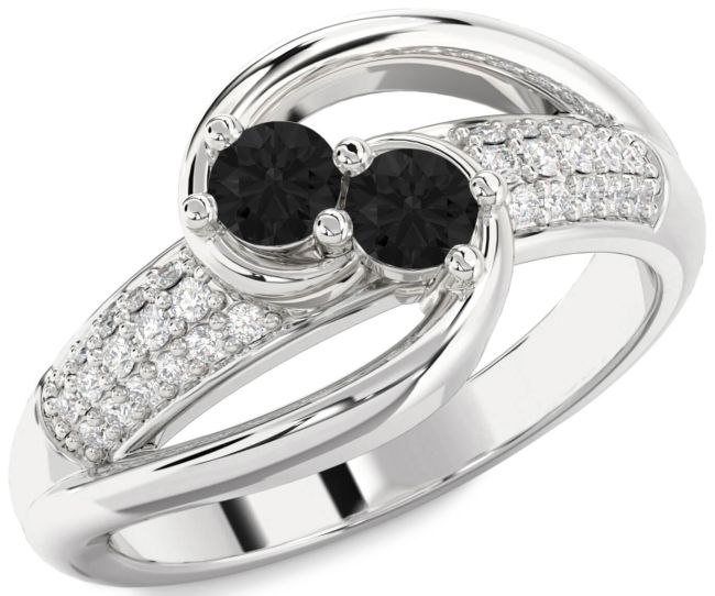 Black Diamond Silver Round Two Stone Ring
