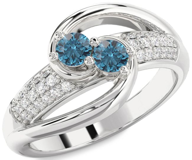 Blue Diamond Silver Round Two Stone Ring