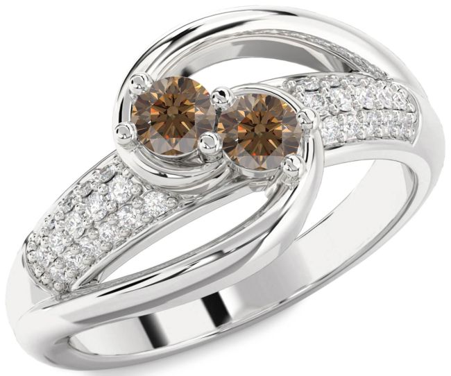Chocolate Brown Diamond Silver Round Two Stone Ring