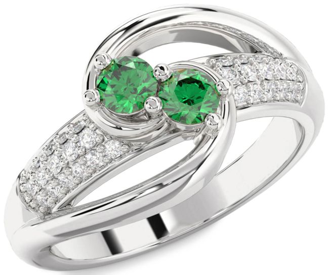 Diamond Emerald Silver Round Two Stone Birthstone Ring