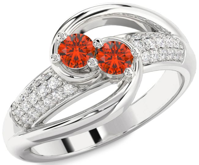 Diamond Fire Opal Silver Round Two Stone Ring