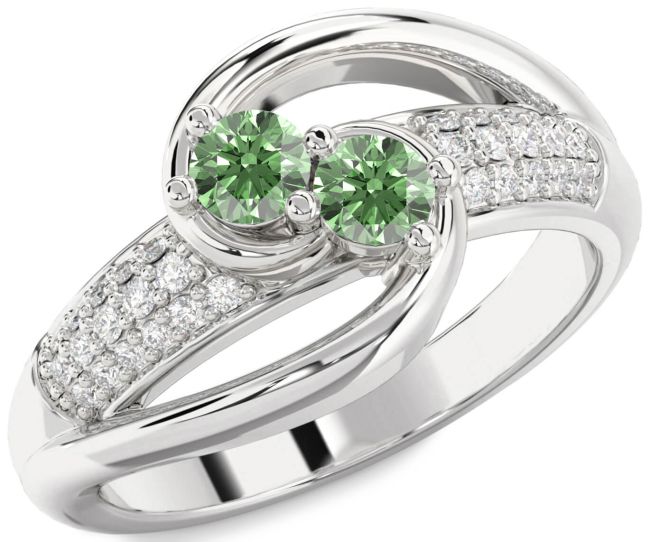 Green Diamond Silver Round Two Stone Ring