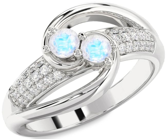 Diamond Moonstone Silver Round Two Stone Ring
