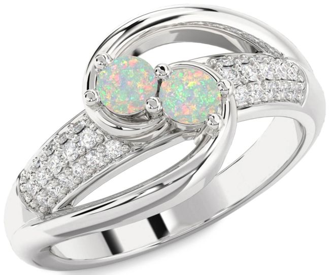 Diamond Opal Silver Round Two Stone Birthstone Ring