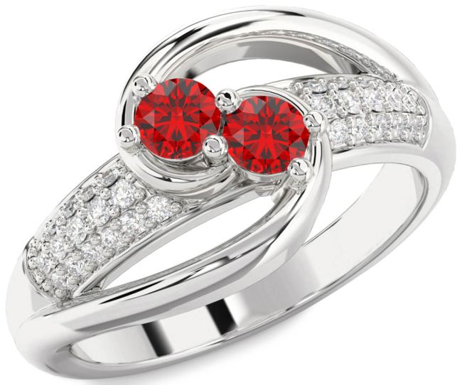 Diamond Ruby Silver Round Two Stone Birthstone Ring