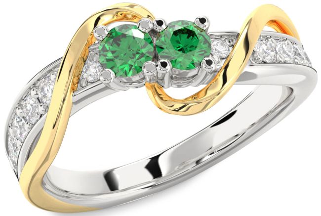 Diamond Emerald Gold Silver Round Two Stone Birthstone Ring