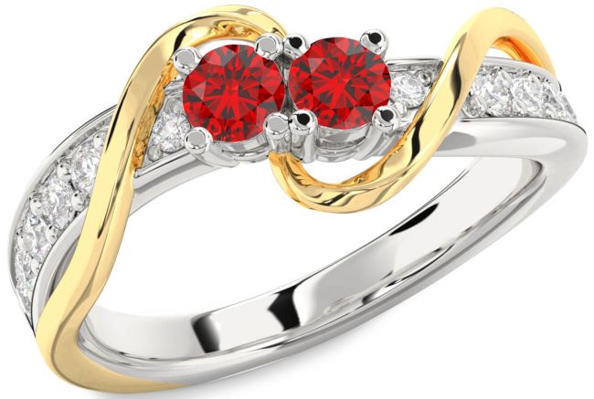 Diamond Ruby Gold Silver Round Two Stone Birthstone Ring