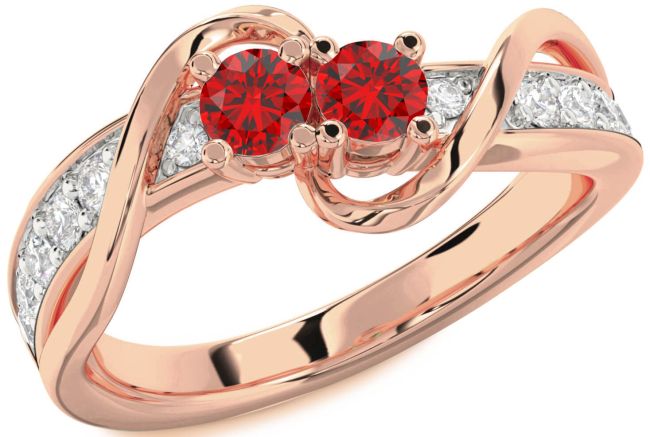 Diamond Ruby Rose Gold Round Two Stone Birthstone Ring