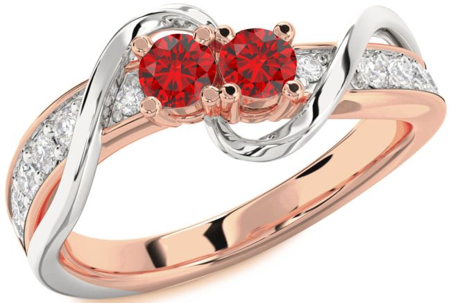 Diamond Ruby Rose Gold Silver Round Two Stone Birthstone Ring