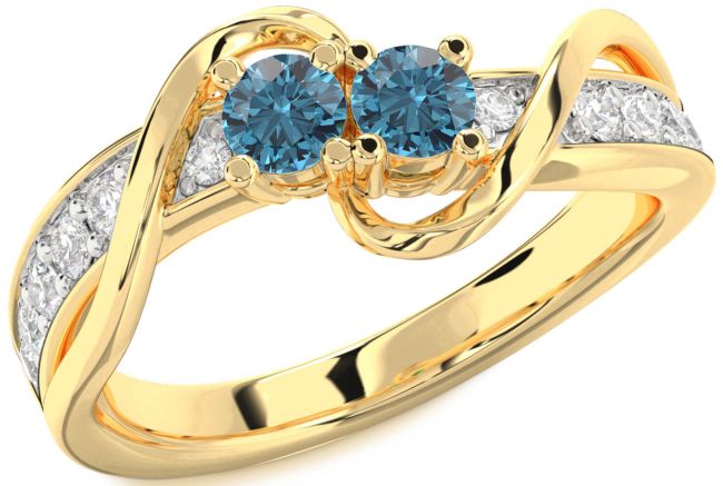 Blue Diamond Gold Silver Round Two Stone Ring