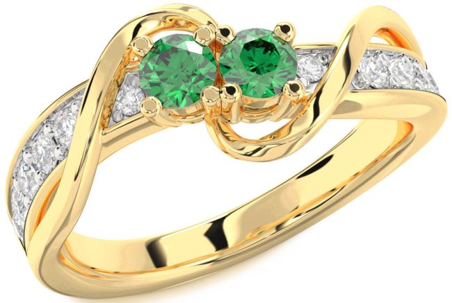 Diamond Emerald Gold Silver Round Two Stone Birthstone Ring