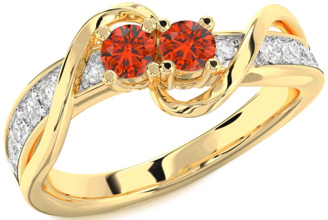 Diamond Fire Opal Gold Silver Round Two Stone Ring