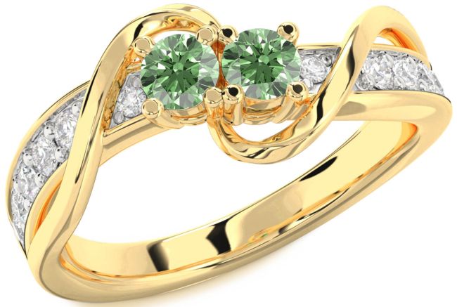 Green Diamond Gold Silver Round Two Stone Ring