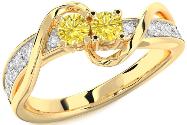 Yellow Diamond Gold Silver Round Two Stone Ring