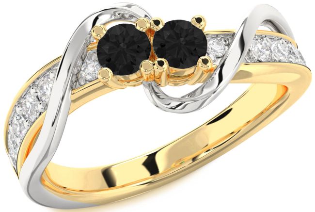 Black Diamond Gold Silver Round Two Stone Ring