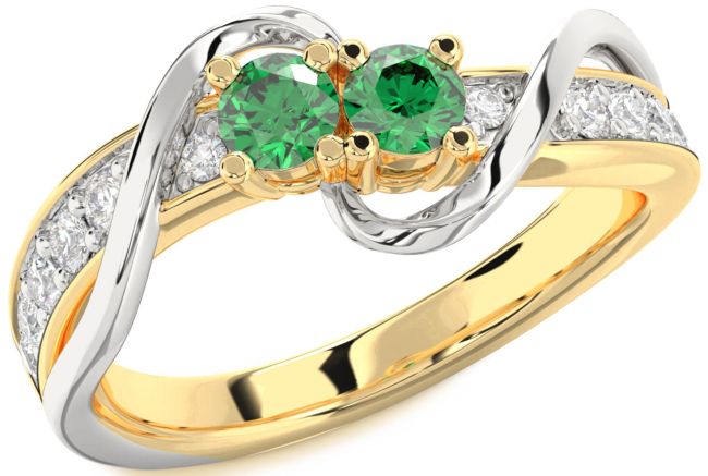 Diamond Emerald Gold Silver Round Two Stone Birthstone Ring