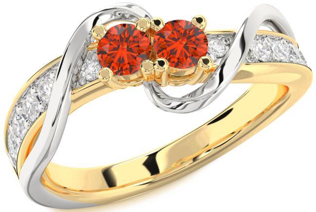 Diamond Fire Opal Gold Silver Round Two Stone Ring