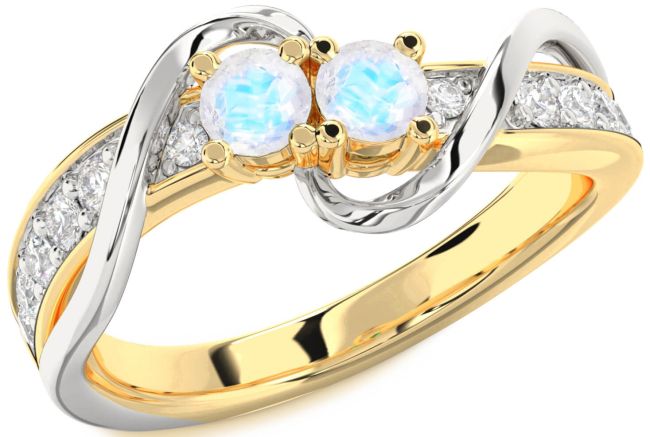 Diamond Moonstone Gold Silver Round Two Stone Ring