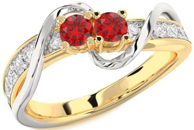 Diamond Ruby Gold Silver Round Two Stone Birthstone Ring