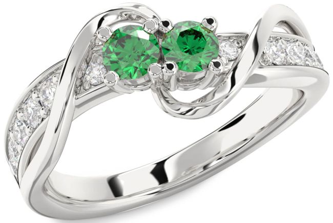 Diamond Emerald Silver Round Two Stone Birthstone Ring