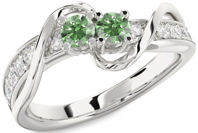Green Diamond Silver Round Two Stone Ring