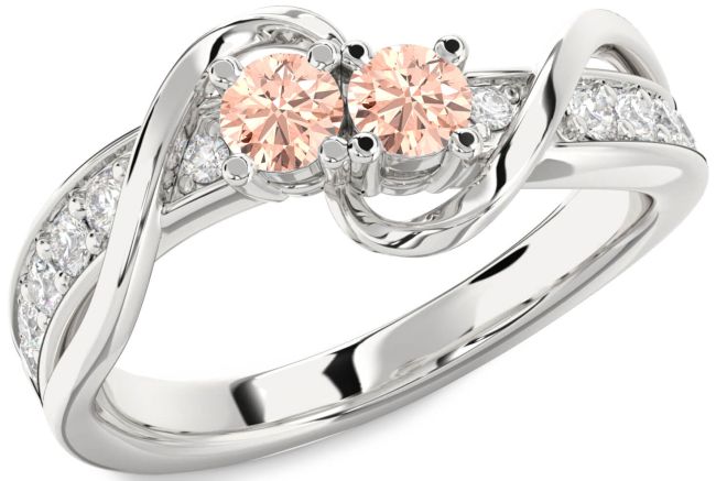 Diamond Morganite Silver Round Two Stone Ring