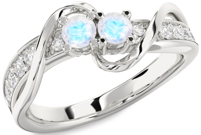 Diamond Moonstone Silver Round Two Stone Ring
