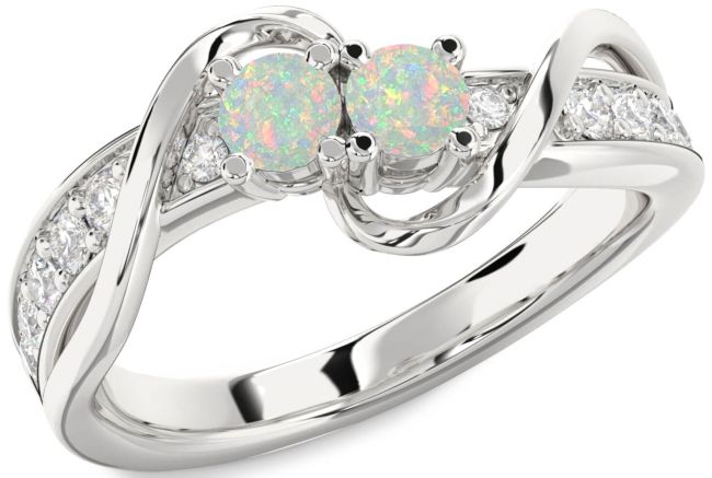 Diamond Opal Silver Round Two Stone Birthstone Ring