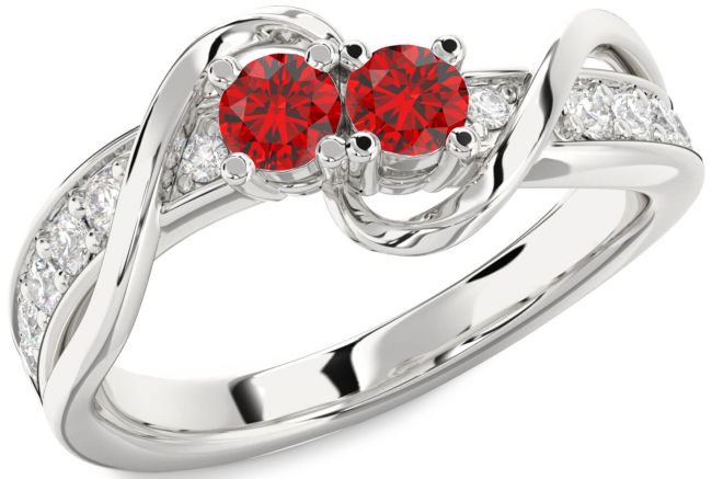 Diamond Ruby Silver Round Two Stone Birthstone Ring