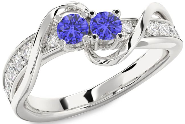 Diamond Tanzanite Silver Round Two Stone Ring
