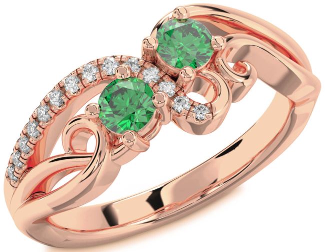 Diamond Emerald Rose Gold Round Two Stone Birthstone Ring