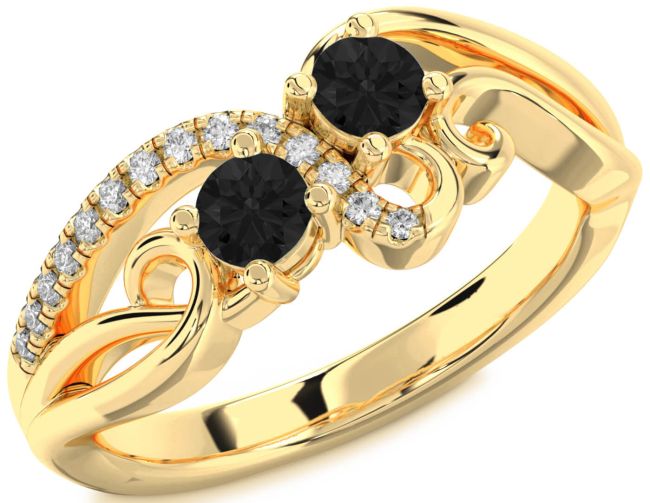 Black Diamond Gold Silver Round Two Stone Ring
