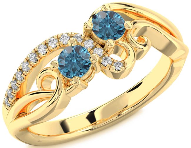 Blue Diamond Gold Silver Round Two Stone Ring